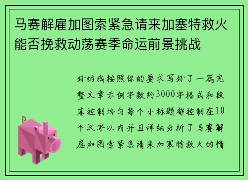 马赛解雇加图索紧急请来加塞特救火能否挽救动荡赛季命运前景挑战